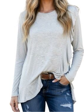 Aerie Ruffle Tunic Top Womens M Gray Cream Long Sleeve Stretch Knit